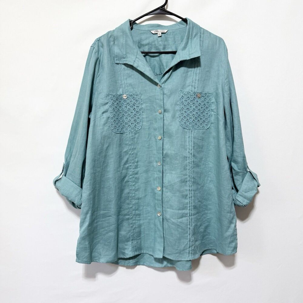 John Mark Green Linen Button Front Tunic Top L Cr… - image 1